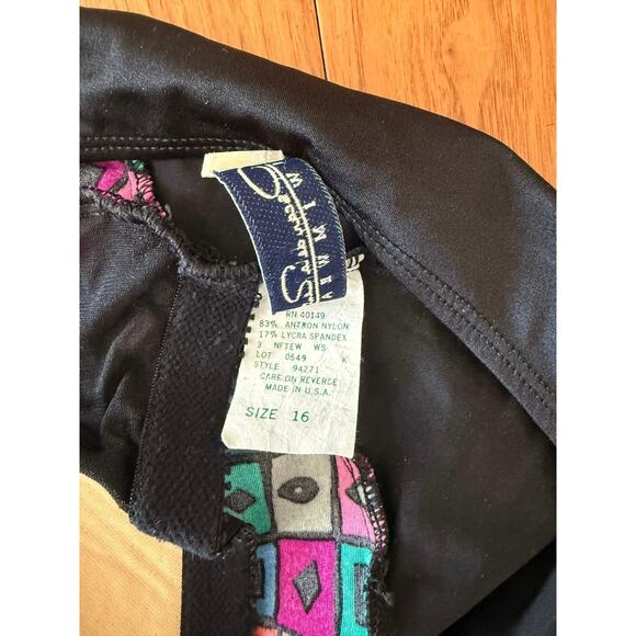 Vintage 80s Oscar de la Renta Swimsuit Size 16 Geometric Metallic Slimming - Picture 10 of 11